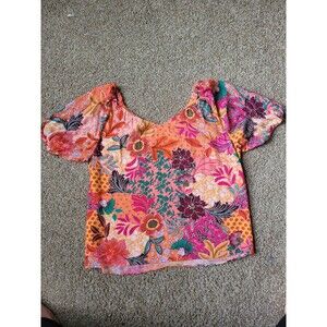 LOFT Womens Coral Floral Patchwork Sweetheart Neckline Blouse Top